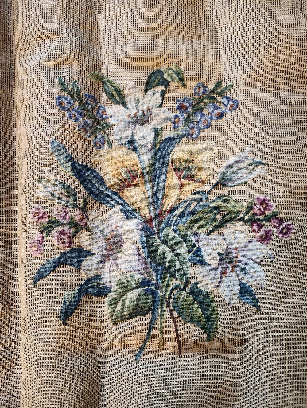 Handcrafted Floral Embroidery Wall Decor in Cream and Green Unframed